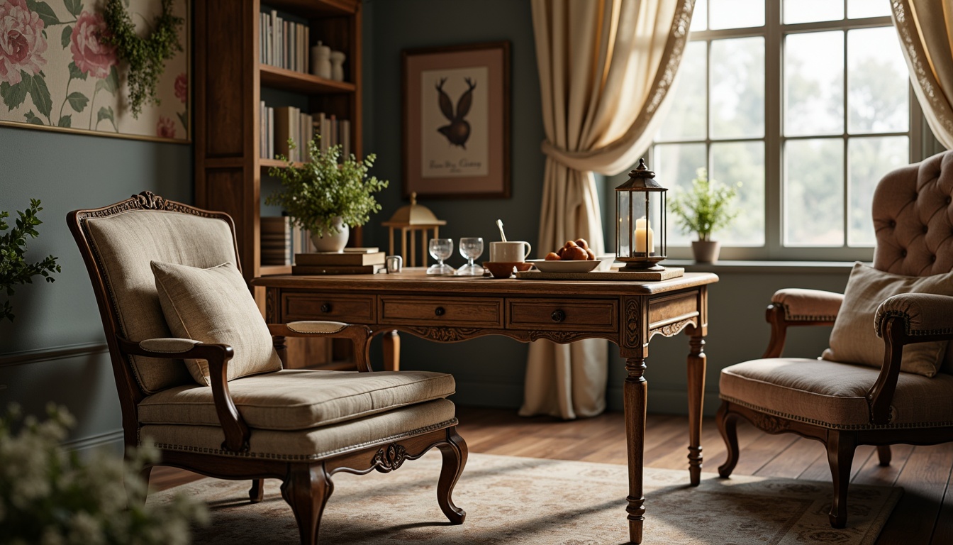 Prompt: Distressed wooden desk, vintage metal legs, ornate carvings, soft pastel colors, lace trim, ruffled upholstery, distressed leather armchair, rustic wooden bookshelves, antique metal lanterns, floral patterns, velvet pillows, lace curtains, natural linen fabrics, warm candlelight, shallow depth of field, 1/1 composition, intimate atmosphere, realistic textures.