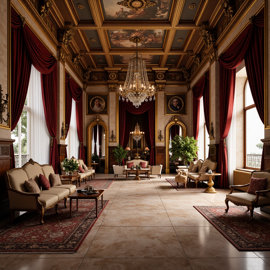 Prompt: Renaissance-style palace, ornate furnishings, luxurious fabrics, rich wood tones, intricately carved details, gilded accents, velvet drapes, crystal chandeliers, grandiose scale, regal atmosphere, classical columns, archways, frescoed ceilings, marble floors, opulent textiles, majestic color palette, warm golden lighting, soft focus, 1/1 composition, intimate portrait view, realistic reflections, ambient occlusion.