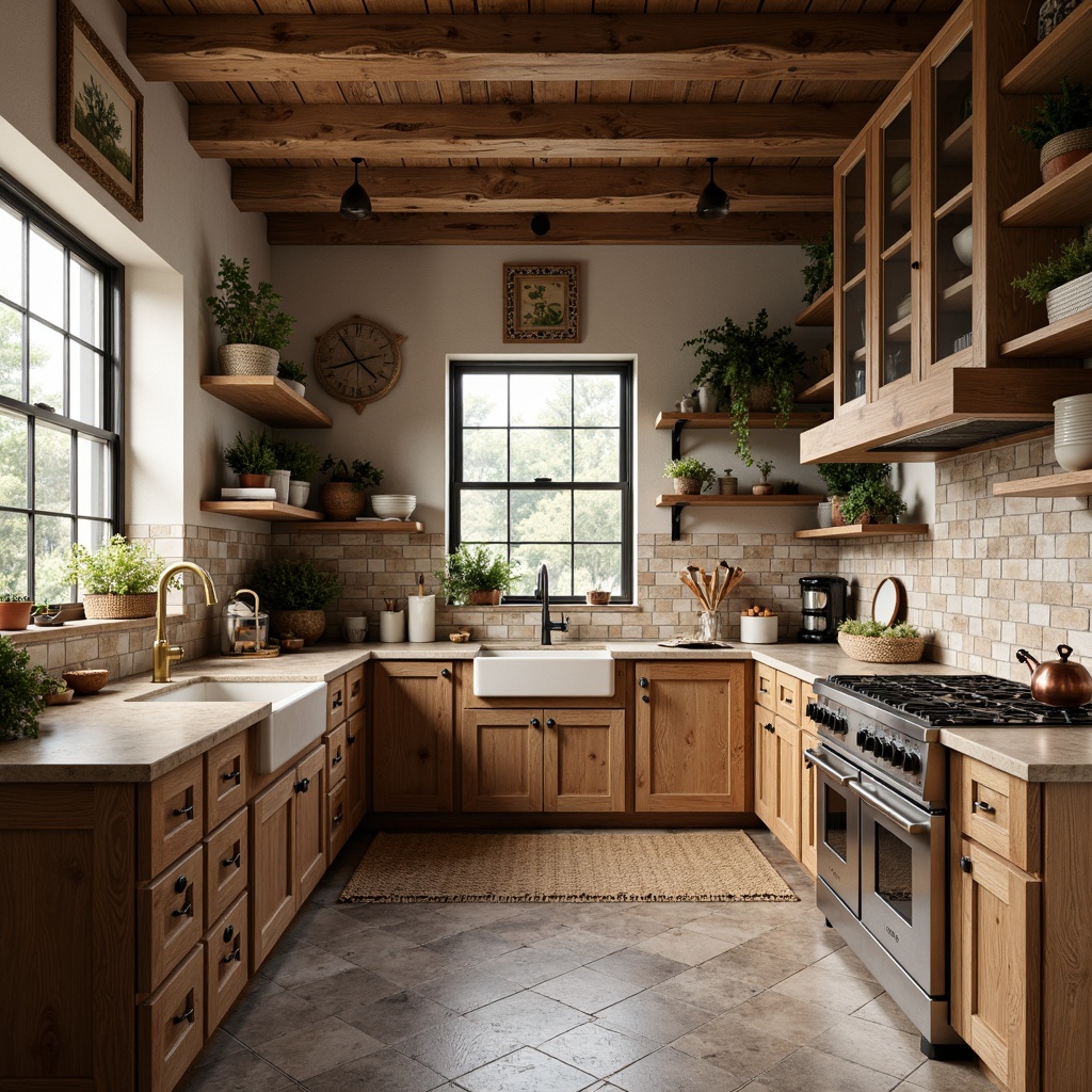 Prompt: Rustic kitchen, wooden cabinetry, earthy tones, natural stone backsplashes, herringbone patterns, subway tiles, brick accents, distressed finishes, vintage appliances, pendant lighting, warm beige countertops, farmhouse sinks, copper accents, woven textiles, botanical prints, cozy atmosphere, soft morning light, shallow depth of field, 1/2 composition, realistic textures, ambient occlusion.