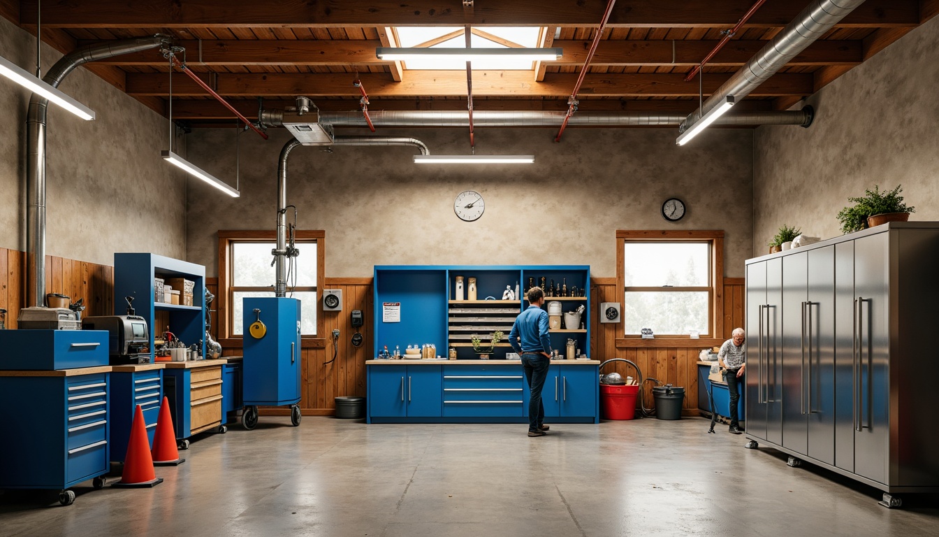 Prompt: Industrial garage interior, metallic tools, rustic wood accents, earthy tones, concrete floors, bright overhead lighting, warm beige walls, bold blue machinery, vibrant orange safety cones, sleek steel cabinets, urban industrial atmosphere, shallow depth of field, 1/2 composition, realistic textures, ambient occlusion.