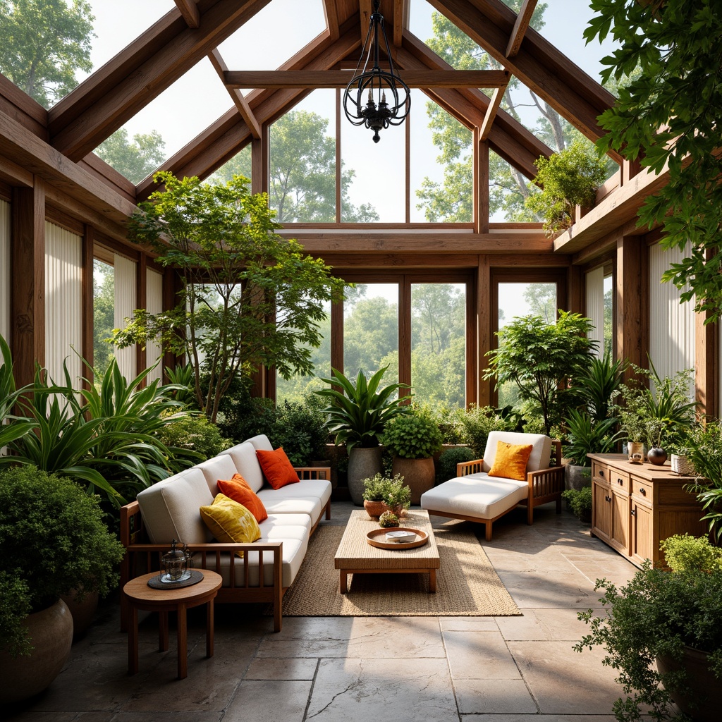 Prompt: Vibrant sunroom, lush greenery, natural stone flooring, wooden accents, rattan furniture, colorful throw pillows, tropical plants, warm ambient lighting, soft sheer curtains, elegant chandeliers, ornate metalwork, distressed wood textures, earthy color palette, cozy reading nooks, plush area rugs, modern skylights, panoramic views, 1/1 composition, high-key lighting, realistic reflections.