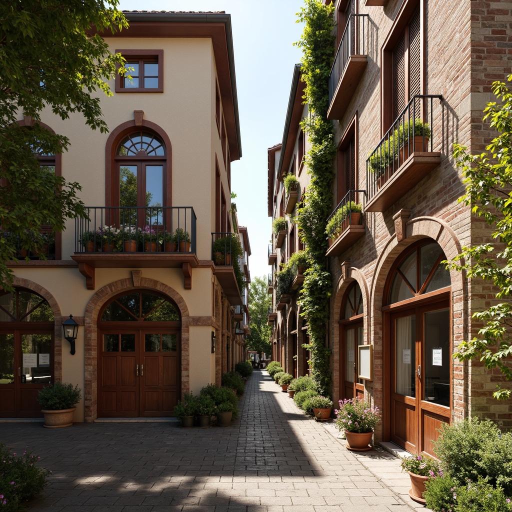 Prompt: Ornate Renaissance-style houses, intricately carved wooden doors, arched windows with ornamental keystones, stained glass windows, decorative shutters, rustic stone walls, aged brick facades, lush green ivy, blooming flowerboxes, sunny afternoon, soft warm lighting, shallow depth of field, 3/4 composition, panoramic view, realistic textures, ambient occlusion.