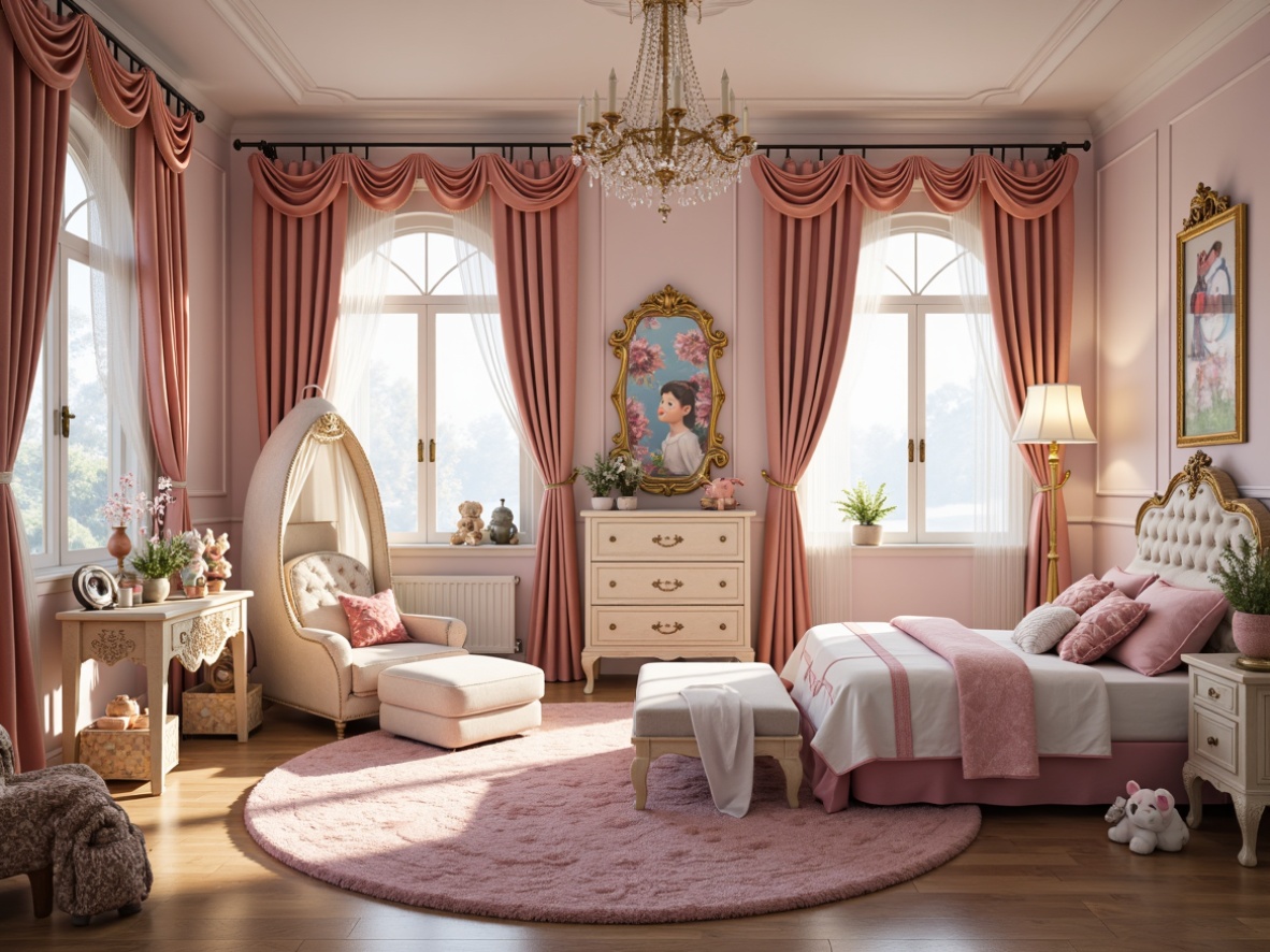 Prompt: Whimsical kids' room, ornate Rococo style furniture, velvet drapes, lace curtains, intricate carved wooden accents, plush area rugs, soft pastel colors, delicate floral patterns, playful cartoon characters, stuffed animals, toy boxes, golden frames, crystal chandeliers, luxurious fabrics, satin bedding, ruffled canopies, dreamy cloud-shaped decorations, warm cozy lighting, shallow depth of field, 1/1 composition, vibrant textures, ambient occlusion.