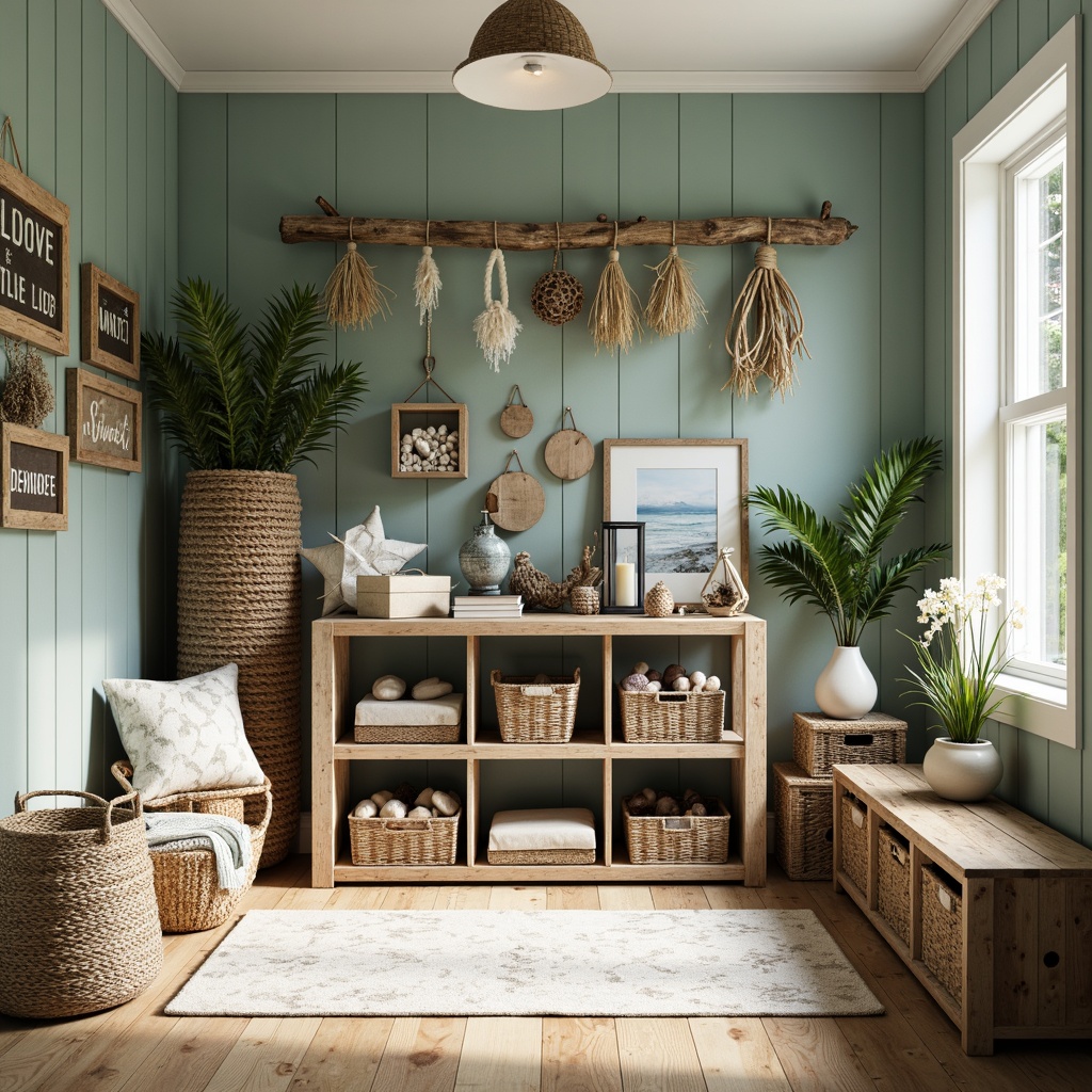 Prompt: Coastal-themed storage room, driftwood shelves, woven rattan baskets, nautical rope accents, vintage fishing nets, distressed wood crates, ocean-inspired artwork, soft blue-green color palette, natural fiber rugs, woven jute wall hangings, seashell decorations, coral-patterned textiles, weathered metal lanterns, rustic wooden signs, beachy scents, warm sunny lighting, shallow depth of field, 1/1 composition.