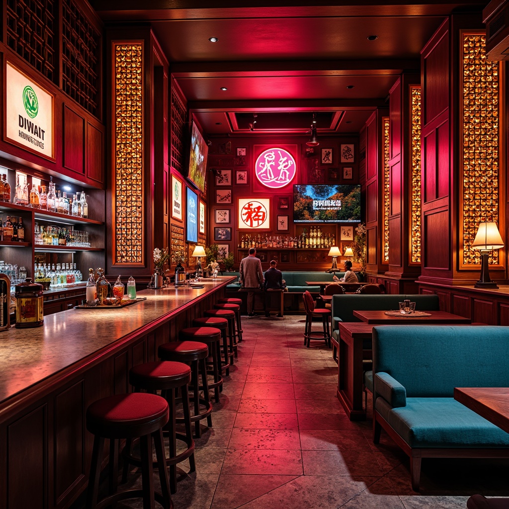 Prompt: Vibrant bar interior, rich wood tones, bold neon lights, traditional Japanese patterns, intricate carvings, luxurious velvet fabrics, metallic accents, bold graphic prints, geometric shapes, Asian-inspired motifs, natural stone countertops, warm ambient lighting, shallow depth of field, 1/2 composition, realistic textures, atmospheric effects.