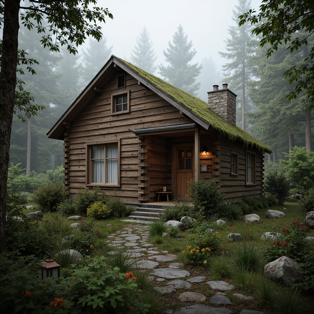 Prompt: Rustic wooden cabin, natural stone chimney, earthy color palette, vintage metal lanterns, distressed wood textures, moss-covered roofs, overgrown vegetation, misty forest surroundings, warm soft lighting, shallow depth of field, 1/2 composition, intimate camera angles, realistic foliage, ambient occlusion.