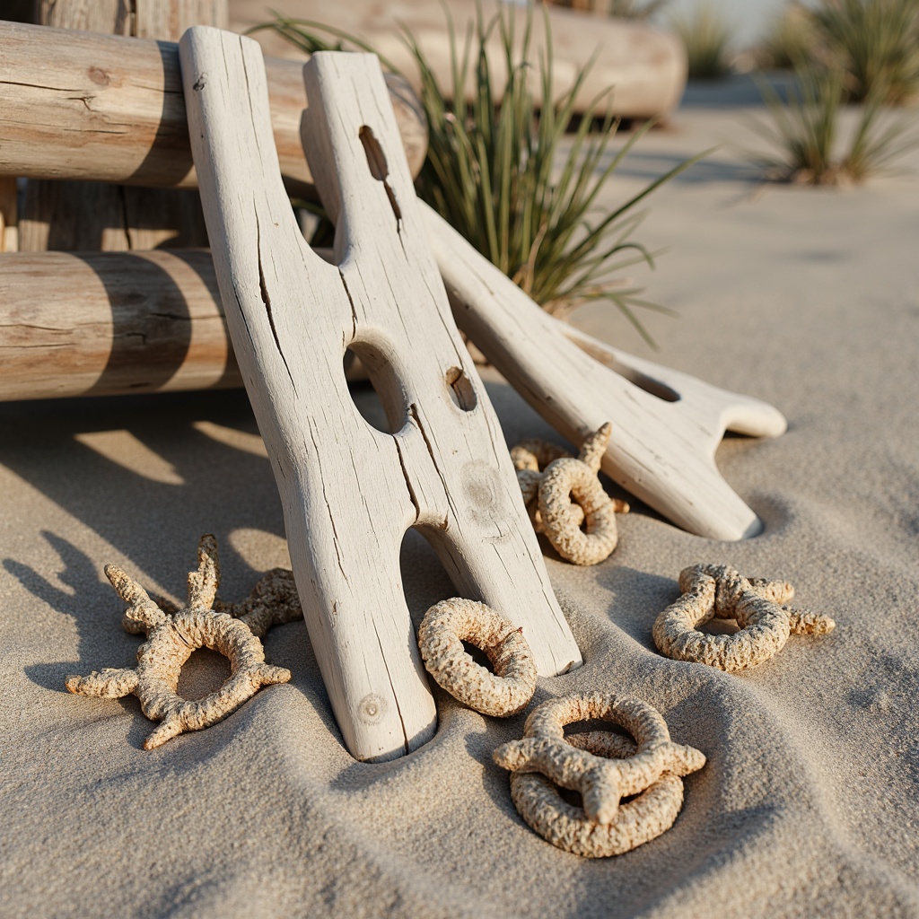 Prompt: Weathered driftwood accents, soft sandy dunes, ocean-inspired hues, natural linen textures, woven sea grass patterns, distressed wooden planks, coral-shaped decorative elements, beachy vibes, salty air atmosphere, warm sunlight casting long shadows, 1/2 composition, relaxed shallow focus, realistic wood grain details, ambient ocean sounds.