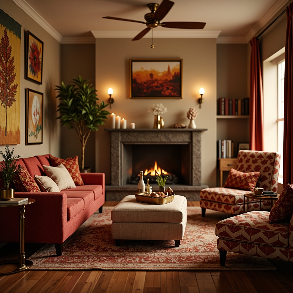 Prompt: Cozy living room, plush velvet sofas, soft cushioned armchairs, warm beige walls, rich wood flooring, vibrant colorful throw pillows, intricate geometric patterns, luxurious silk drapes, golden metal accents, ambient warm lighting, 3/4 composition, shallow depth of field, realistic textures, comfortable seating areas, intimate atmosphere, soft background music, scented candles, refreshing beverages.