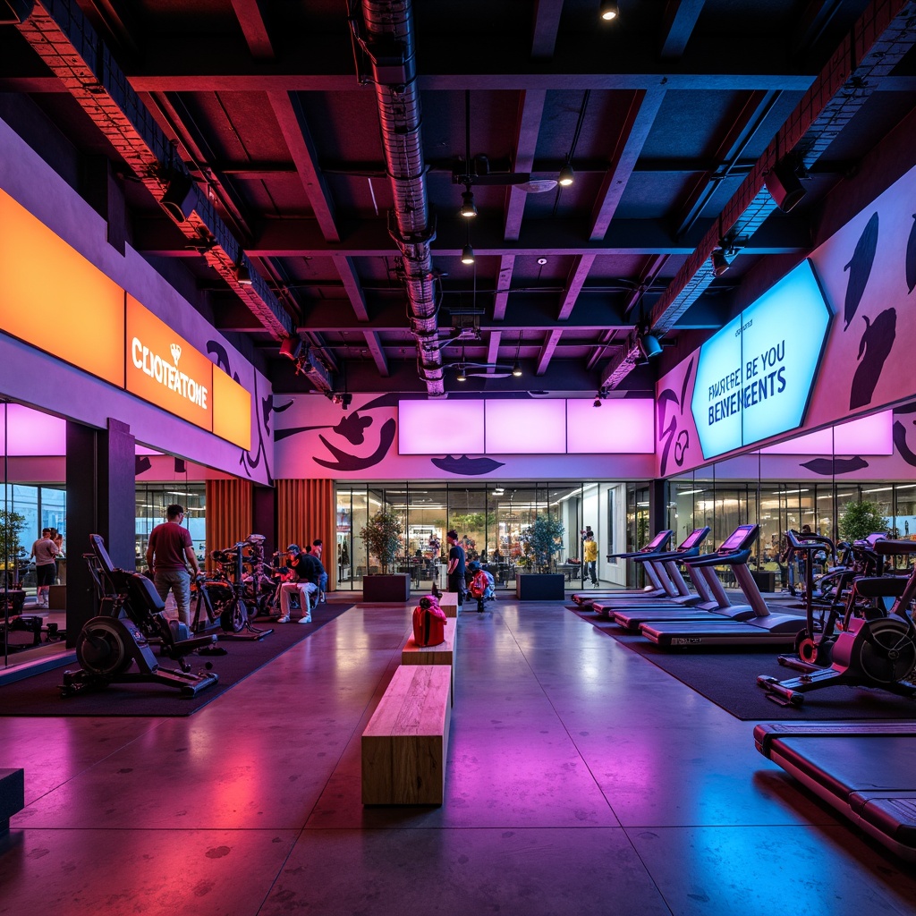 Prompt: Vibrant fitness club, postmodernist architecture, bold color schemes, neon accents, futuristic lighting fixtures, abstract geometric patterns, dynamic LED installations, strobe lights, spotlights, dimmable ambient lighting, industrial metal beams, polished concrete floors, reclaimed wood walls, minimalist decor, motivational quotes, athletic equipment, free weights, treadmills, exercise bikes, mirrored walls, spacious open areas, high ceilings, natural ventilation systems, urban cityscape views, busy streets, nighttime atmosphere, dramatic shadows, 1/2 composition, cinematic lighting, realistic reflections.