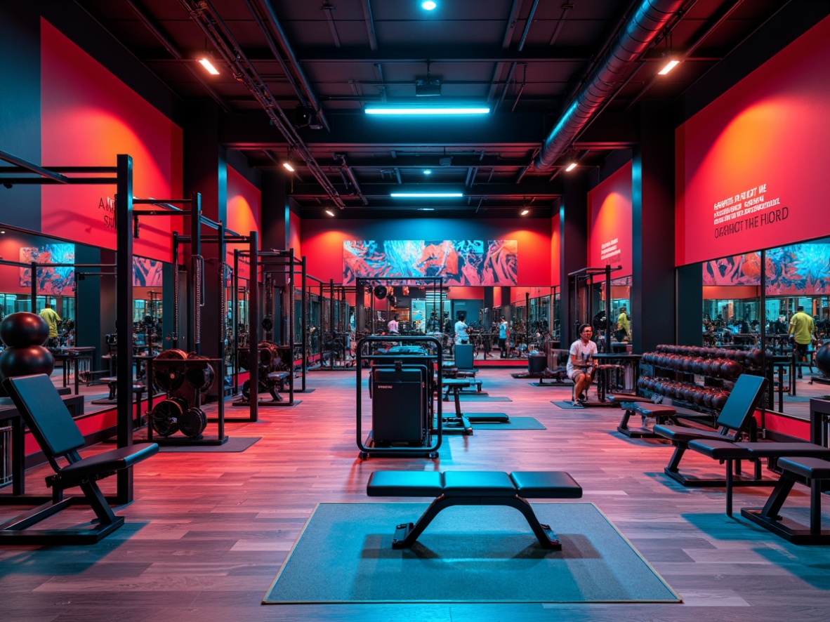 Prompt: Vibrant home gym, energetic atmosphere, bold color scheme, dynamic workout space, intense red accents, deep blue tones, neon green highlights, industrial metal equipment, sleek wooden flooring, mirrored walls, high ceilings, natural light, motivational quotes, modern minimalist decor, abstract geometric patterns, stimulating contrast, warm and cool neutrals, fitness-inspired artwork.