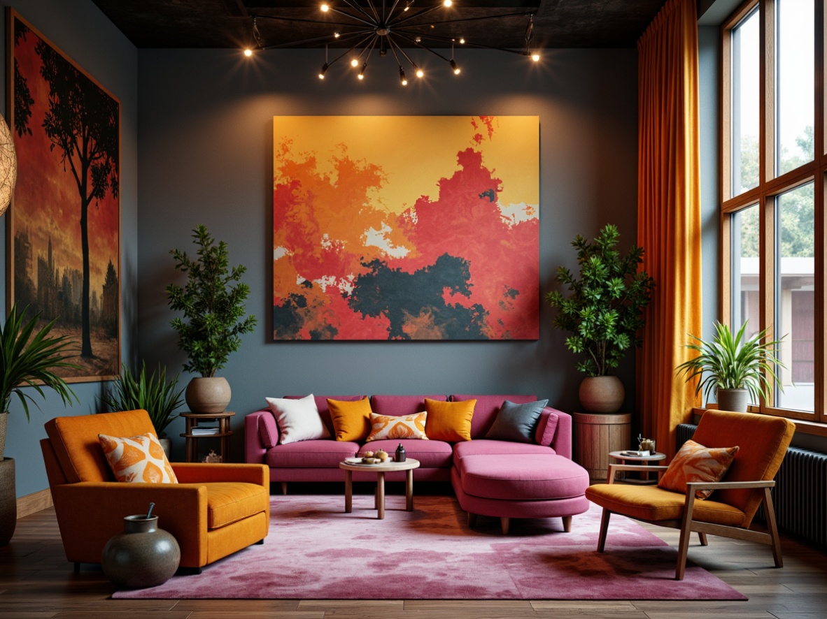 Prompt: Vibrant modern art studio, eclectic furniture arrangement, bold brushstroke walls, rich velvet drapes, luxurious golden accents, moody atmospheric lighting, 3/4 composition, shallow depth of field, warm color harmony, analogous color scheme, pastel hues, gradient effects, subtle texture overlays.