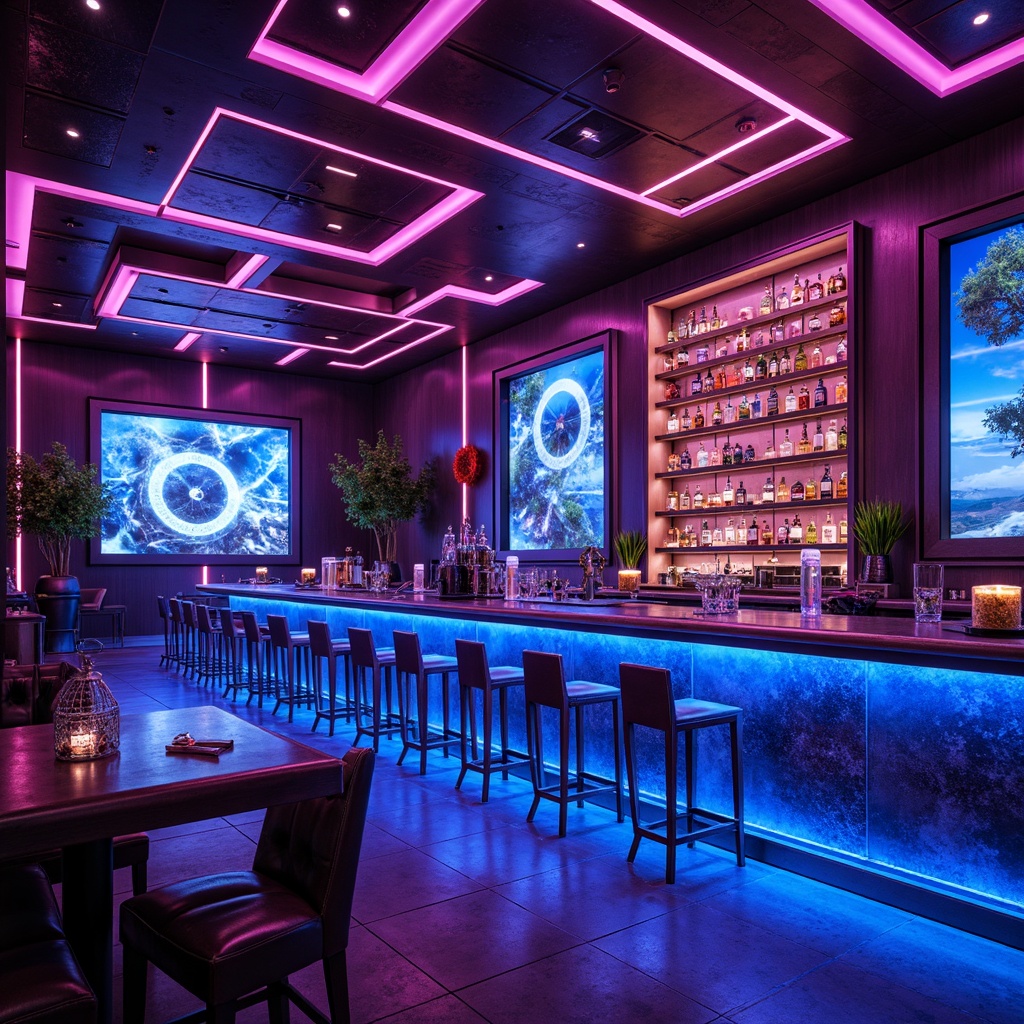 Prompt: Neon-lit futuristic bar, metallic accents, glossy surfaces, LED strip lights, ambient glow, holographic displays, 3D projections, sleek lines, minimalist design, space-age-inspired decor, glowing cocktails, iridescent glassware, reflective ceiling, dark mysterious ambiance, high-tech atmosphere, cyberpunk vibes, pulsing lights, laser-cut patterns, geometric shapes, luminescent signage, electric blue hues, neon pink accents.