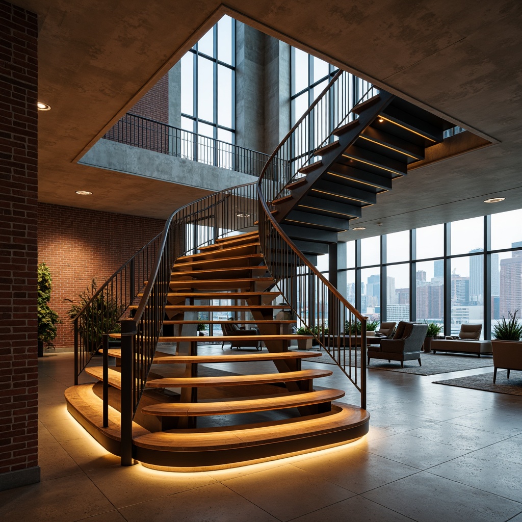 Prompt: Luxurious staircase, sleek metal railings, minimalist design, open risers, floating treads, LED lighting, ambient glow, polished wooden steps, high-gloss finishes, modern architecture, urban loft, industrial chic, exposed brick walls, steel beams, concrete floors, dramatic ceiling heights, panoramic city views, natural daylight, soft warm illumination, shallow depth of field, 3/4 composition, realistic textures, ambient occlusion.