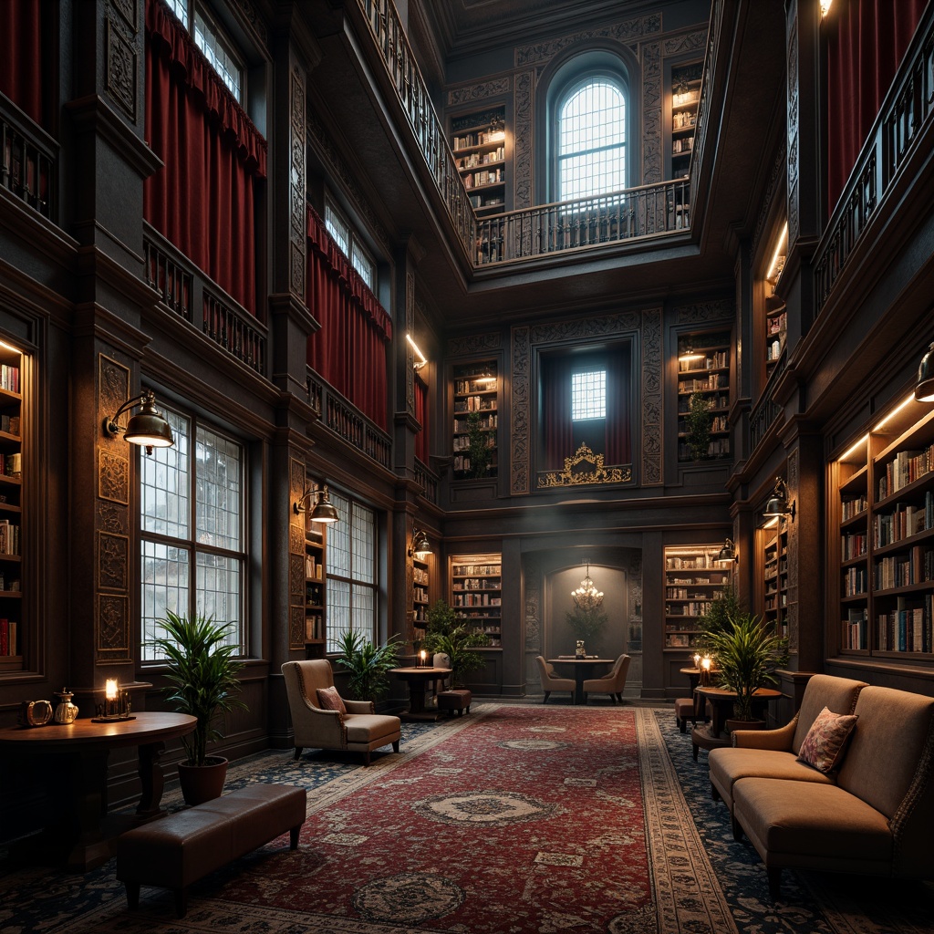 Prompt: Dark academia-inspired interior, ornate wooden furnishings, mystical symbols, lavish velvet drapes, mysterious lanterns, intricate stone carvings, grandiose chandeliers, ancient tomes, mysterious artifacts, rich jewel-toned colors, luxurious fabrics, dramatic high ceilings, imposing stone walls, eerie ambient lighting, cinematic composition, atmospheric fog effects.