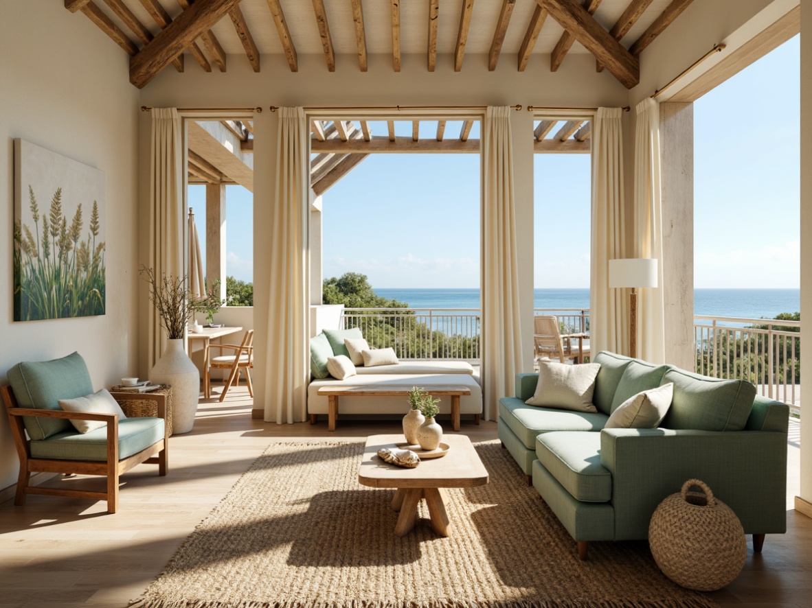 Prompt: Coastal living room, calming ocean views, soft sandy beige walls, driftwood accents, seafoam green furniture, coral-inspired decorative accessories, natural textures, woven jute rugs, linen upholstery, nautical rope details, distressed wood coffee tables, shell-adorned vases, airy open windows, warm sunny lighting, 1/1 composition, shallow depth of field, realistic reflections.