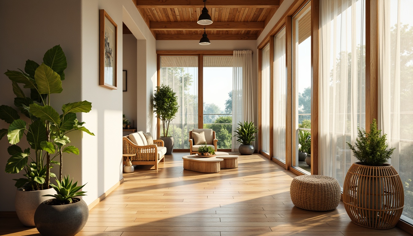 Prompt: Sunny Asian-style sunroom, sliding glass doors, minimal ornamentation, natural wood accents, woven bamboo furniture, plants with large leaves, floor-to-ceiling windows, sheer white curtains, cream-colored walls, polished wooden floors, warm beige tones, indirect lighting, 1/2 composition, softbox lighting, ambient shadows, realistic reflections, subtle textures.