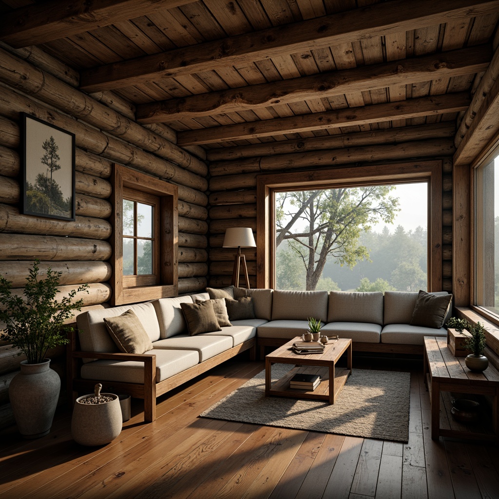 Prompt: Rustic wooden cabin, distressed textures, earthy tones, natural stone walls, rugged metal accents, vintage furniture, warm cozy lighting, forest surroundings, misty atmosphere, soft focus, shallow depth of field, 1/1 composition, realistic wood grain, ambient occlusion, warm color palette, inviting ambiance.