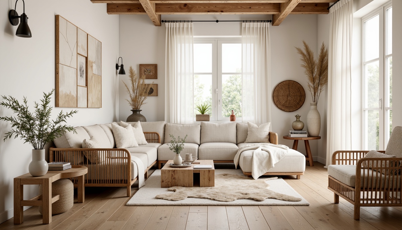 Prompt: Cozy Scandinavian living room, natural wood textures, woven wicker furniture, plush throw blankets, soft sheepskin rugs, minimalist decor, light-filled spaces, airy atmosphere, creamy white walls, warm beige tones, rustic wooden accents, industrial metal lighting, frosted glass vases, organic shapes, earthy color palette, nature-inspired patterns, layered textiles, inviting ambiance, softbox lighting, shallow depth of field, 2/3 composition, realistic render.