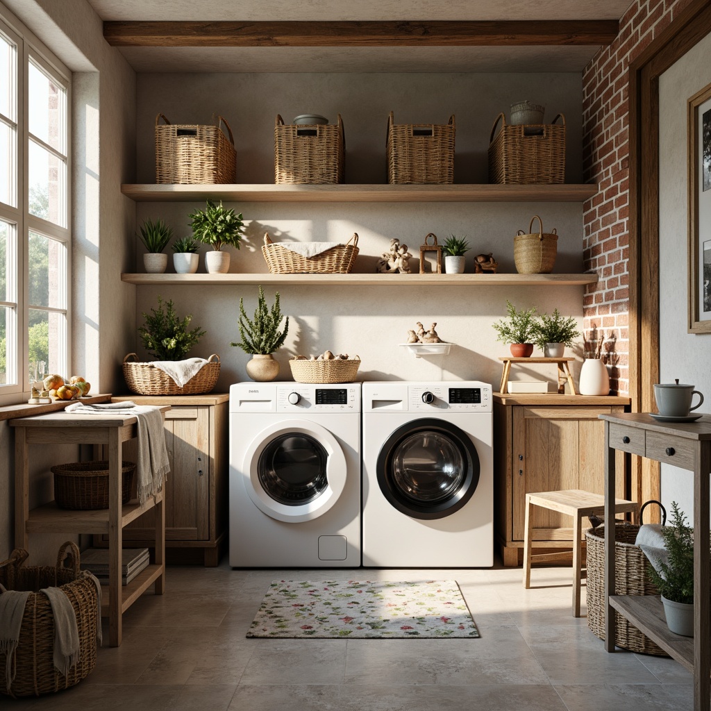 Prompt: Cozy laundry room, vintage washing machines, distressed wooden cabinets, rustic metal drying racks, woven baskets, soft pastel colors, warm ambient lighting, natural stone floors, brick accent walls, large windows, gentle daylight, 1/1 composition, shallow depth of field, realistic textures, ambient occlusion, floral patterns, linen fabrics, earthy scents, calming atmosphere.