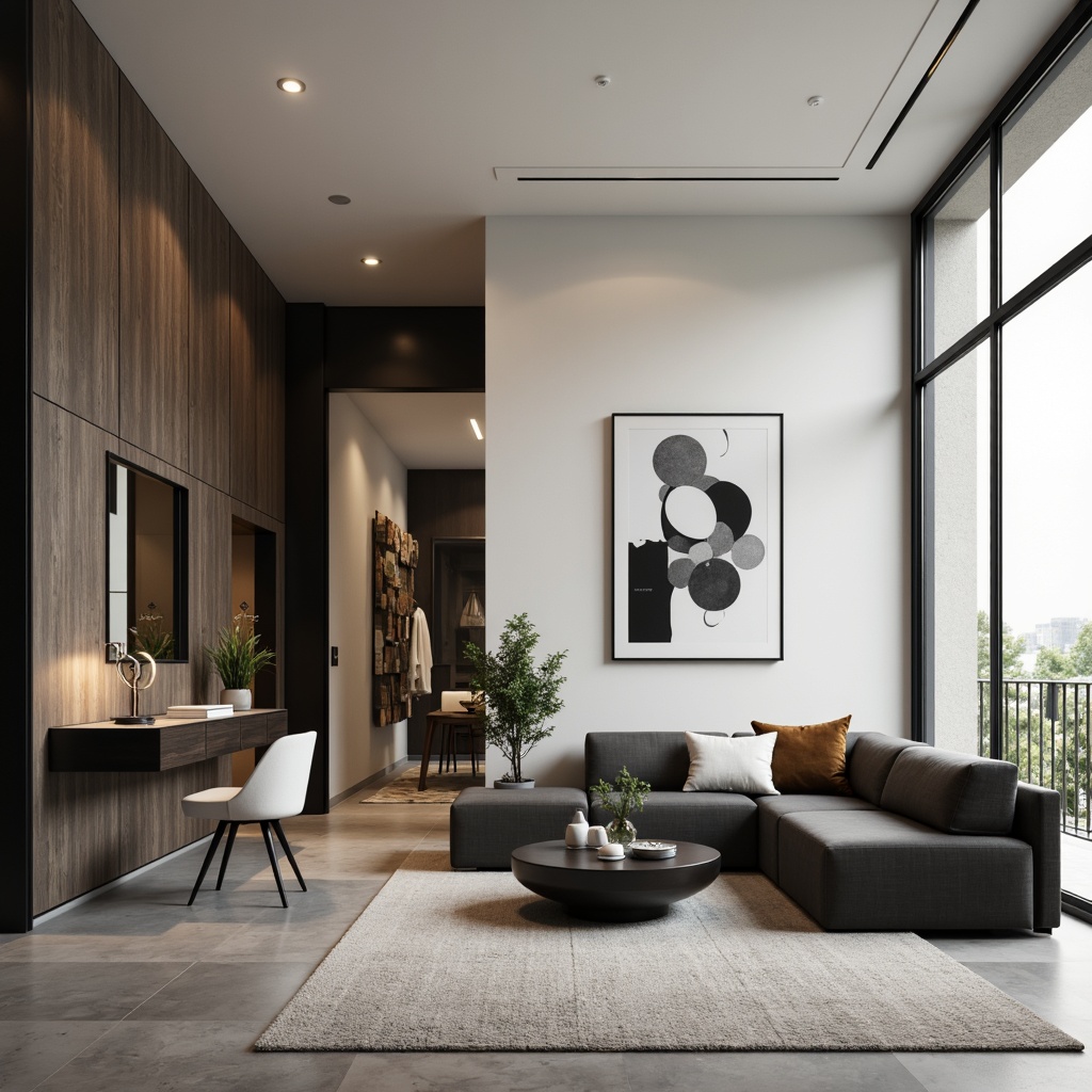 Prompt: Monochromatic contemporary interior, sleek lines, minimalist decor, matte black accents, polished chrome fixtures, creamy white walls, rich wood tones, velvety soft furnishings, abstract artwork, geometric patterns, natural textiles, ambient warm lighting, 1/1 composition, shallow depth of field, soft focus, realistic renderings.