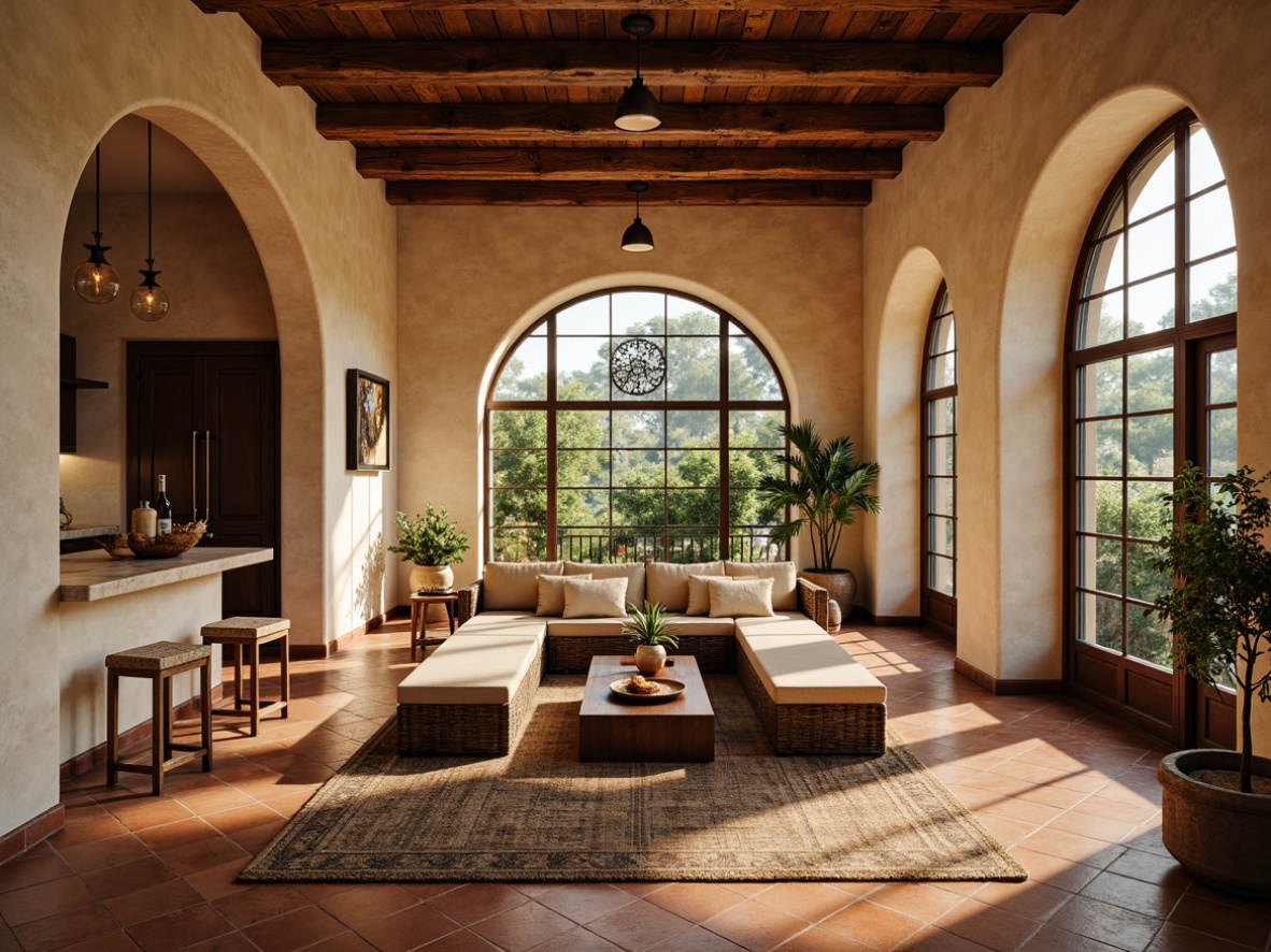 Prompt: Warm Mediterranean-style apartment, traditional Spanish tiles, rustic terracotta floors, creamy marble countertops, distressed wood accents, ornate ironwork, arched windows, soft warm lighting, natural stone walls, earthy color palette, cozy intimate atmosphere, plush area rugs, ambient occlusion, shallow depth of field, 3/4 composition, realistic textures.