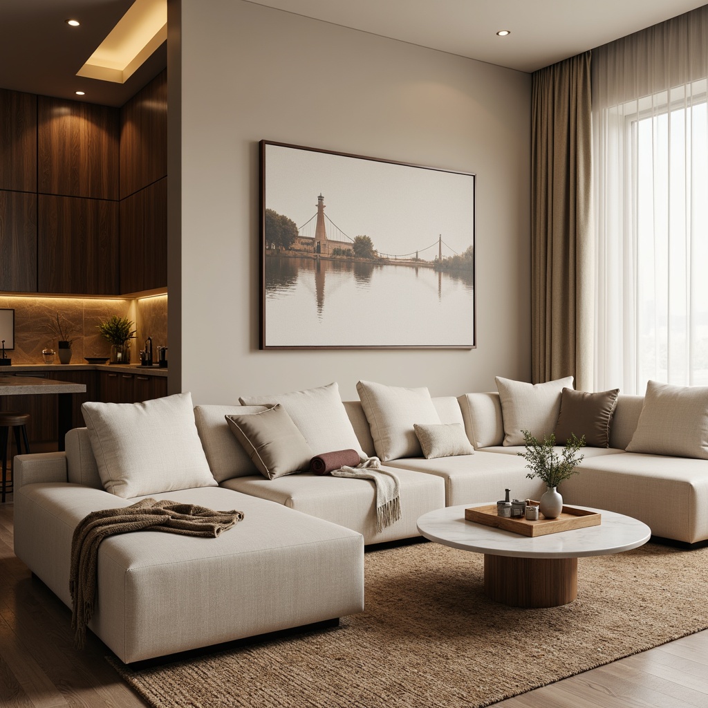 Prompt: Monochromatic living room, soft beige walls, rich walnut wood furniture, plush velvet sofa, elegant marble coffee table, warm golden lighting, cozy throw blankets, natural fiber rugs, subtle texture variations, 1/1 composition, shallow depth of field, realistic material rendering, ambient occlusion.