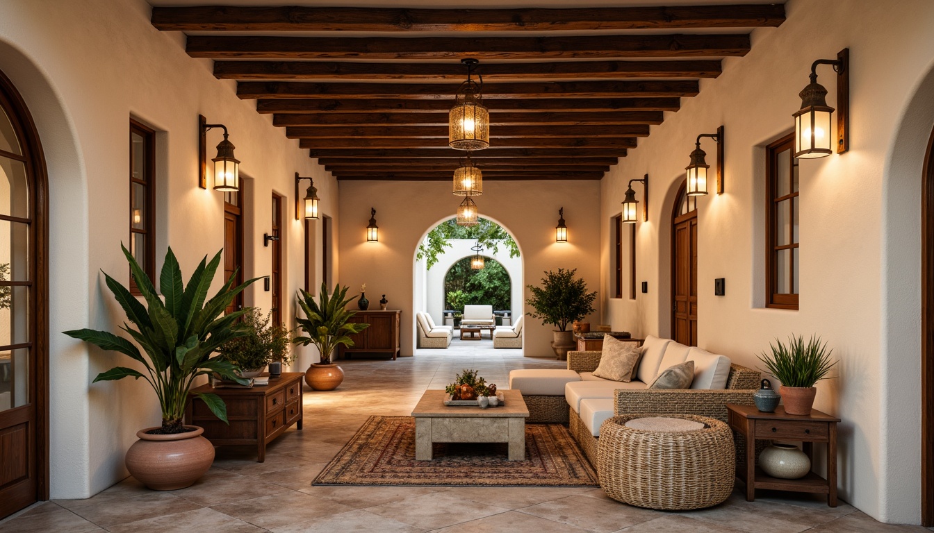 Prompt: Warm Mediterranean ambiance, rustic wooden beams, soft cream-colored stucco walls, decorative ceramic tiles, ornate metal lanterns, warm golden lighting, candlelit spaces, natural stone flooring, woven wicker furniture, earthy terracotta pots, lush greenery, ambient softbox lighting, 1/1 composition, shallow depth of field, realistic textures, subtle warm glow.