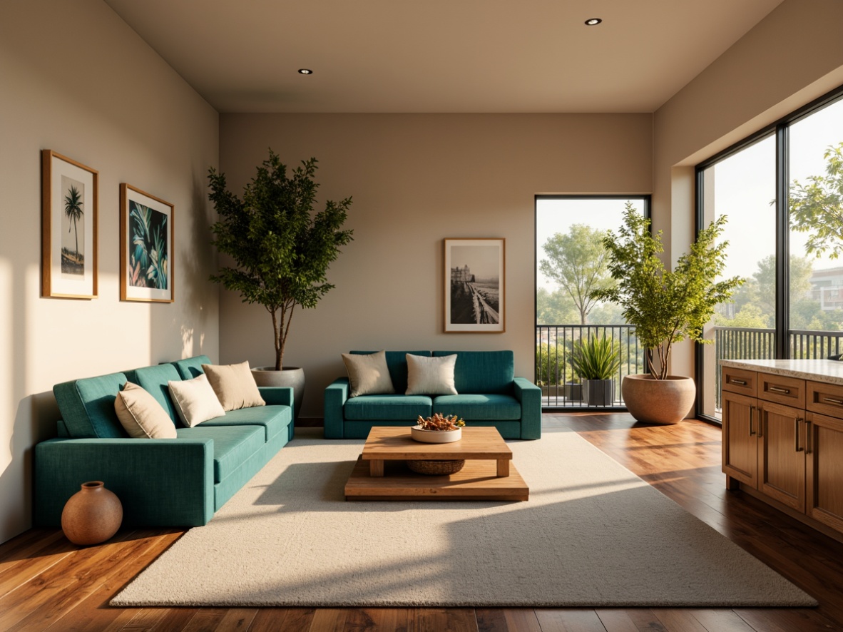 Prompt: Cozy apartment, soft warm lighting, calming beige walls, rich walnut wood floors, plush velvet sofas, vibrant turquoise accents, natural linen textiles, earthy terracotta vases, minimalist decor, elegant marble countertops, subtle brass hardware, airy open layout, floor-to-ceiling windows, lush greenery views, warm golden hour, 1/1 composition, soft focus, realistic textures.