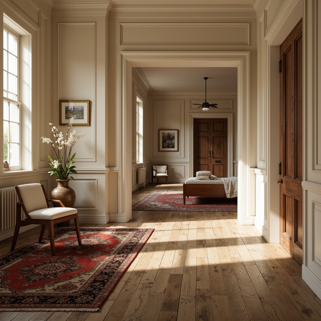 Prompt: Rustic wooden floors, distressed finishes, warm beige tones, herringbone patterns, reclaimed wood planks, traditional oak flooring, creamy white trim, ornate moldings, classic Persian rugs, subtle texture contrasts, soft warm lighting, shallow depth of field, 2/3 composition, realistic wood grain textures, ambient occlusion.