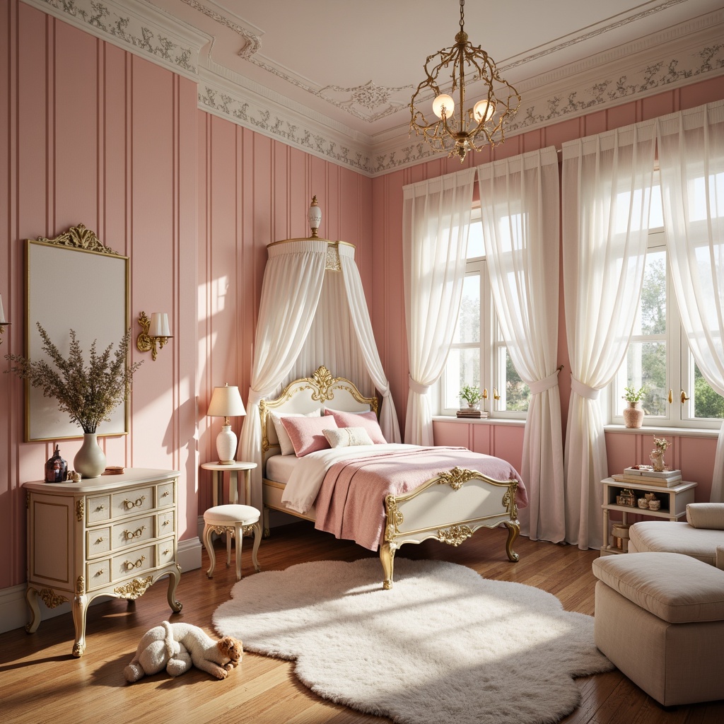 Prompt: Whimsical kids' bedroom, soft pastel colors, ornate Rococo furniture, curved lines, gold accents, luxurious fabrics, velvet drapes, tulle canopies, intricate carvings, delicate porcelain vases, fluffy area rugs, playful toy collections, gentle warm lighting, shallow depth of field, 1/1 composition, dreamy atmosphere, romantic textures, subtle ambient occlusion.