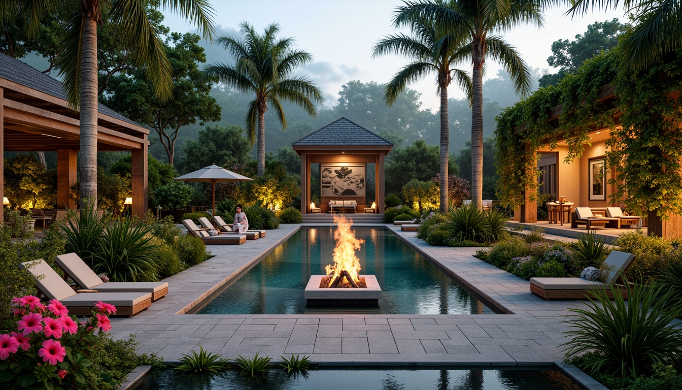 Prompt: Lush tropical gardens, exotic palm trees, vibrant hibiscus flowers, natural stone walkways, wooden decking, outdoor lounge seating, woven rattan furniture, colorful tiki torches, refreshing poolside bars, infinity edge pools, tranquil water features, bamboo accents, reclaimed wood ceilings, large windows, sliding glass doors, airy open spaces, high ceilings, warm ambient lighting, soft focus photography, 1/2 composition, shallow depth of field, natural textures, atmospheric fog effects.