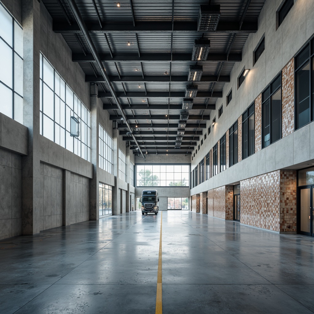 Prompt: Polished concrete walls, industrial chic, modern distribution center, sleek metal accents, minimalist aesthetic, neutral color palette, high-gloss epoxy coatings, textured 3D wall panels, geometric patterned tiles, LED lighting installations, futuristic ambiance, urban cityscape, cloudy day, softbox lighting, shallow depth of field, 1/1 composition, realistic reflections, ambient occlusion.