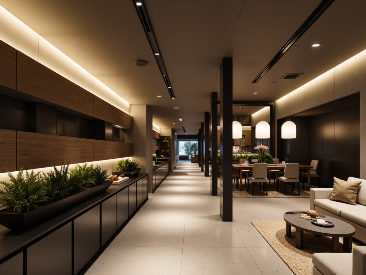 Prompt: Modern minimalist interior, sleek lines, low-profile ceiling fixtures, recessed lighting, warm ambient glow, LED strip lights, polished chrome accents, matte black finishes, geometric shapes, pendant lamps, natural textiles, neutral color palette, soft diffused light, 1/2 composition, shallow depth of field, realistic materials, subtle shadowing.