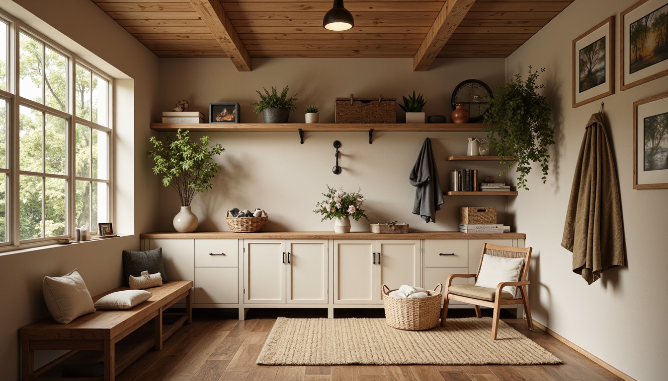 Prompt: Mudroom with warm beige walls, natural wood accents, earthy brown flooring, rustic metal decor, woven baskets, plush area rugs, soft cream-colored cabinets, vintage outdoor gear displays, distressed wooden shelves, nature-inspired artwork, cozy reading nooks, ambient warm lighting, shallow depth of field, 1/2 composition, realistic textures, subtle shadows.