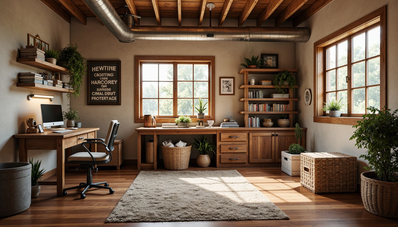 Prompt: Cozy craft room, natural wood tones, rustic metal accents, vintage industrial decor, distressed finishes, warm beige walls, plush area rug, comfortable ergonomic chair, wooden worktable, built-in shelving, organized storage bins, colorful fabric bundles, inspirational quotes, soft overhead lighting, 3/4 composition, shallow depth of field, realistic textures, ambient occlusion.