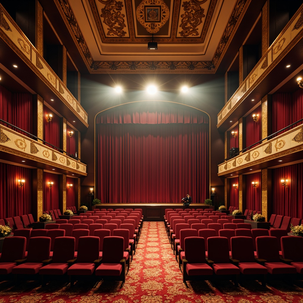 Prompt: Elegant theater interior, rich velvet curtains, ornate golden details, plush red seating, dimmed warm lighting, sophisticated dark wood accents, luxurious patterned carpets, dramatic spotlights, majestic high ceilings, refined cream walls, subtle texture contrasts, atmospheric misty effects, cinematic wide-angle shots, 1/2 composition, vivid color grading, realistic fabric textures.