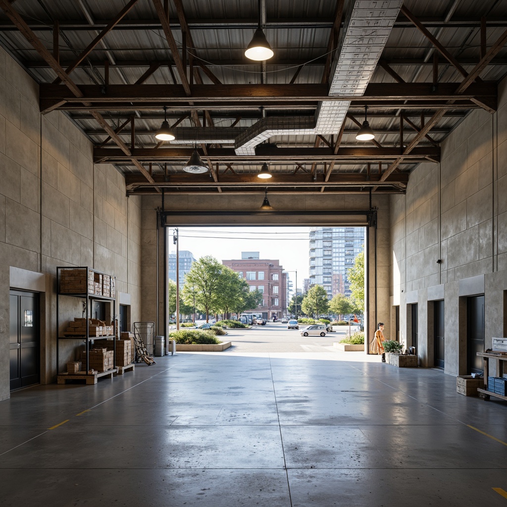 Prompt: Industrial distribution center, functional layout, high ceilings, metal beams, concrete floors, exposed ductwork, neutral color palette, earthy tones, beige walls, grey flooring, blue accents, LED lighting, modern fixtures, minimalist decor, industrial-chic aesthetic, urban landscape, cityscape views, busy streets, morning light, soft shadows, 1/1 composition, realistic textures, ambient occlusion.