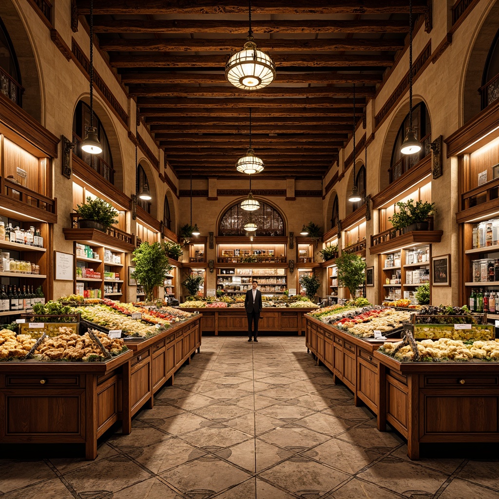 Prompt: Ornate Renaissance-style grocery store, warm golden lighting, rich wood tones, intricately carved wooden shelves, ornamental metalwork, decorative ceramic tiles, vibrant fresh produce, artisanal food displays, elegant glass jars, rustic stone walls, high ceilings, grandiose chandeliers, sophisticated product arrangements, 1/2 composition, softbox lighting, realistic reflections, ambient occlusion.