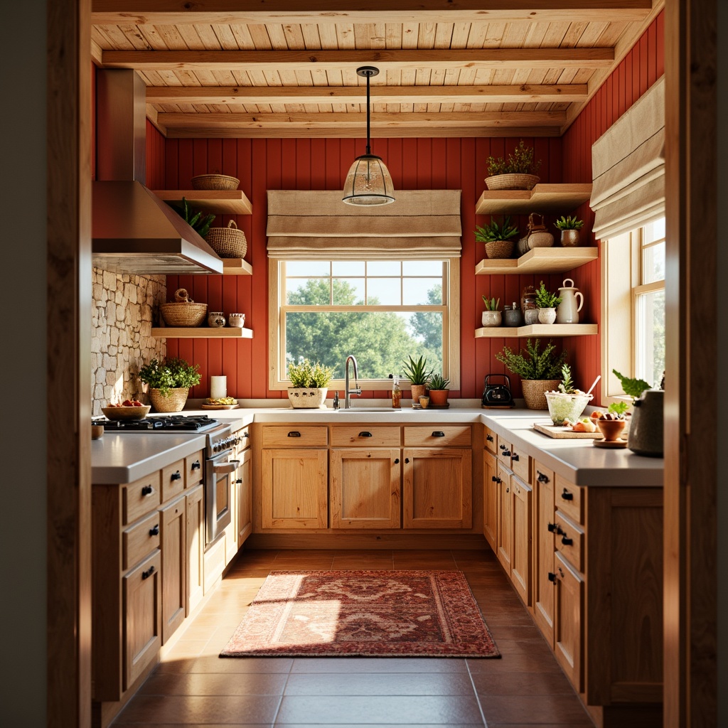 Prompt: Warm kitchen pantry, soft golden lighting, rich wood cabinetry, creamy white countertops, earthy terracotta flooring, warm beige walls, vibrant pops of color, bold red accents, deep blue undertones, natural stone textures, woven basket storage, rustic metal shelving, farmhouse chic decor, cozy atmosphere, shallow depth of field, 1/1 composition, realistic render.