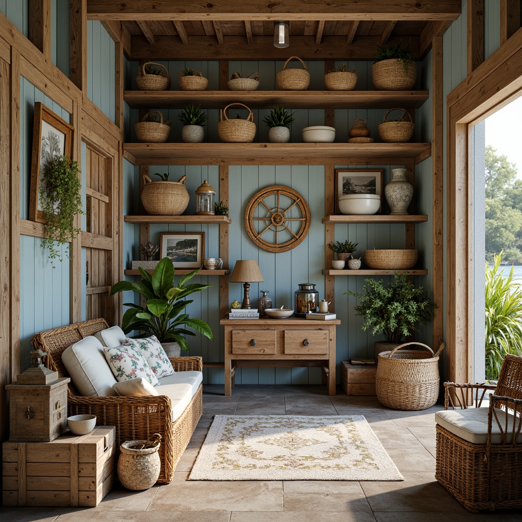 Prompt: Rustic coastal storage room, distressed wood shelves, woven sea grass baskets, vintage nautical decorations, antique marine lanterns, natural fiber rugs, ocean-inspired wall art, coral-patterned textiles, weathered wooden crates, driftwood accents, soft blue-green color palette, warm golden lighting, shallow depth of field, 1/1 composition, realistic textures, ambient occlusion.