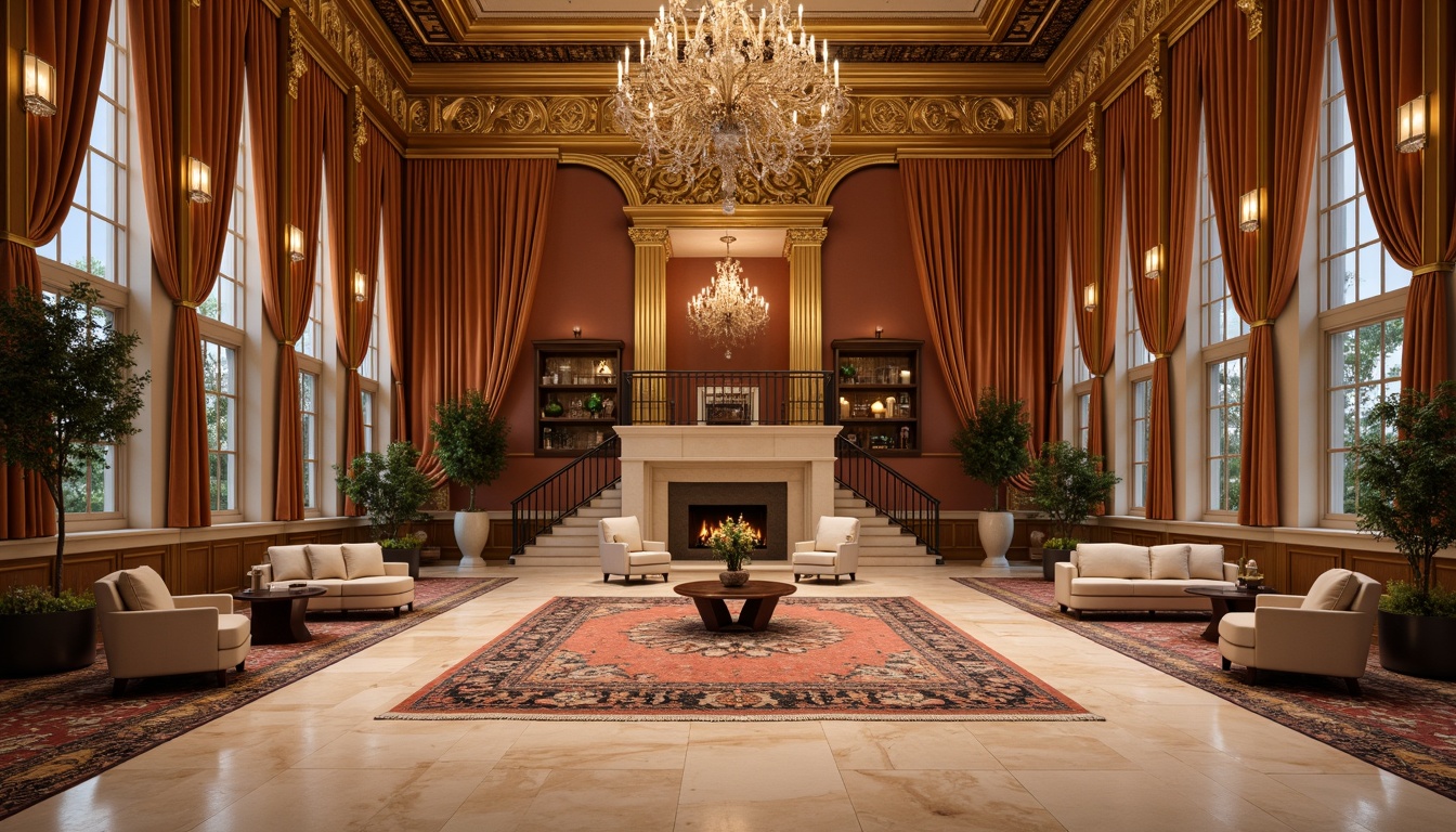 Prompt: Luxurious velvet drapes, ornate golden frames, richly patterned rugs, creamy marble floors, elegant crystal chandeliers, sophisticated community spaces, neoclassical architectural details, refined wood paneling, soft warm lighting, shallow depth of field, 1/2 composition, intimate atmosphere, plush upholstery, vibrant accent walls, lavish decorative trim, intricate moldings, subtle color palette, serene ambiance, inviting gathering areas, stately columns, grand staircases, opulent furnishings, exquisite craftsmanship.