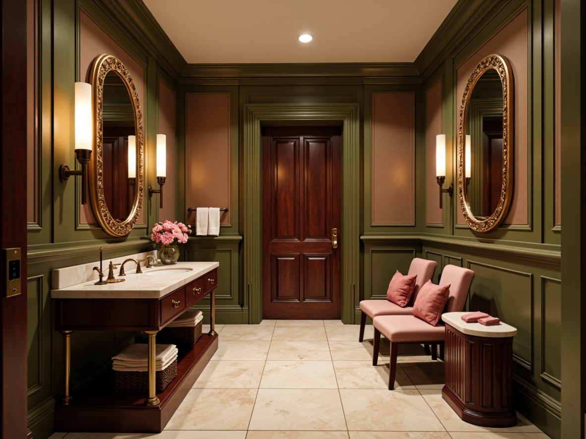 Prompt: Elegant powder room, soft warm lighting, calming atmosphere, academic style furnishings, rich wood tones, ornate mirrors, luxurious velvet fabrics, subtle gold accents, muted earthy colors, dusty rose hues, mossy green walls, creamy white marble countertops, antique bronze fixtures, ornate molding details, symmetrical composition, shallow depth of field, 1/1 aspect ratio.