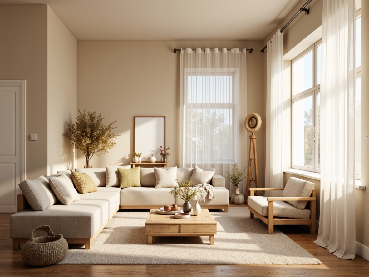 Prompt: Cozy living room, warm beige walls, light wood flooring, soft cream-colored furniture, natural textiles, minimalist decor, abundant daylight, large windows, sheer white curtains, warm glow of table lamps, soft ambient lighting, subtle shadows, 1/1 composition, shallow depth of field, realistic textures, ambient occlusion, Nordic-inspired simplicity, functional elegance.