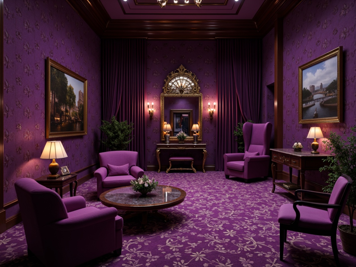 Prompt: Rich plum tones, deep eggplant hues, velvety lavender shades, metallic amethyst accents, iridescent purple sheen, luxurious fabrics, ornate patterns, lavish decorations, opulent furnishings, regal atmosphere, dim warm lighting, soft focus, 3/4 composition, intimate setting, dramatic contrast, vibrant jewel-toned colors.