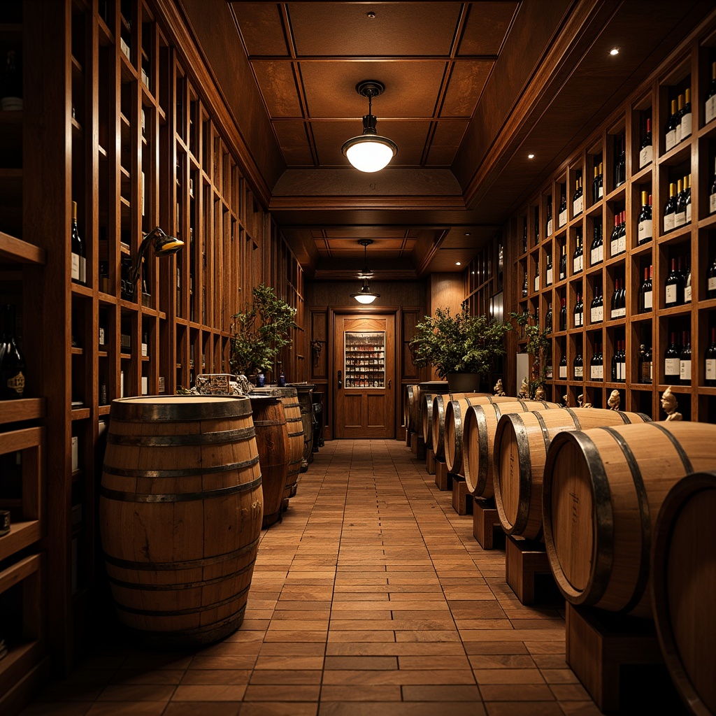 Prompt: Luxurious wine cellar, rich wood paneling, ornate metalwork, vintage wine barrels, dimly lit ambiance, cool temperatures, humidity control systems, advanced climate management, precise temperature regulation, atmospheric moisture monitoring, elegant wooden racks, glass-enclosed wine displays, soft warm lighting, subtle shadows, 1/1 composition, shallow depth of field, realistic textures, ambient occlusion.