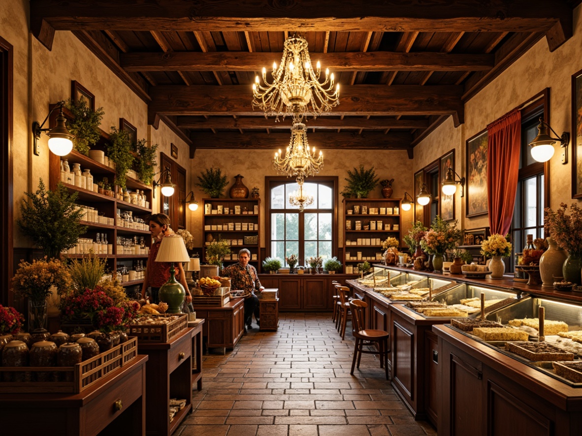 Prompt: Ornate Renaissance-style grocery store, warm golden lighting, elegant crystal chandeliers, rustic wooden beams, vintage metal lanterns, distressed stone walls, ornamental ironwork, decorative ceramic tiles, rich velvet drapes, lavish flower arrangements, antique wooden shelves, intricately carved wooden crates, aromatic spice racks, ambient softbox lighting, 1/2 composition, warm color palette, realistic textures, subtle depth of field.