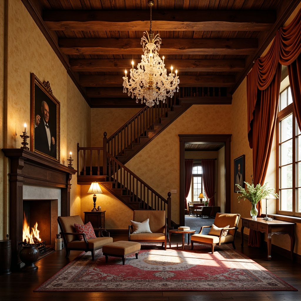 Prompt: Warm traditional interior, ornate chandeliers, crystal pendant lights, table lamps, floor lamps, rustic wooden beams, classic furniture, rich fabrics, luxurious textiles, velvet drapes, golden accents, soft warm glow, warm color palette, inviting atmosphere, cozy ambiance, candlelight, fireplaces, grand staircases, elegant archways, refined moldings, subtle shadows, 1/2 composition, shallow depth of field, realistic textures.