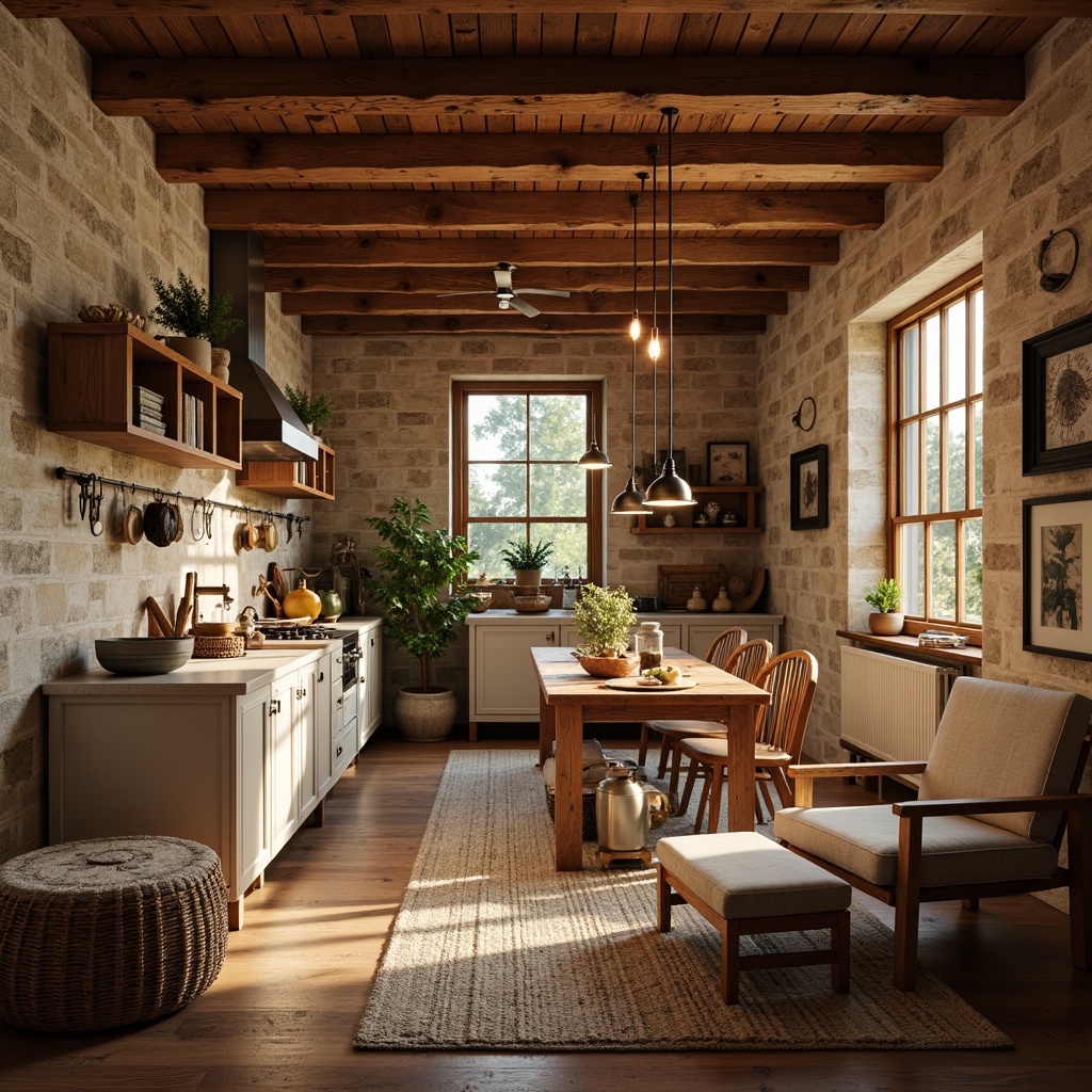 Prompt: Warm farmhouse ambiance, rustic wooden beams, soft candlelight, pendant lamps, natural stone walls, earthy color palette, cozy reading nooks, plush throw blankets, vintage farm tools, distressed wood accents, industrial metal fixtures, reclaimed wood shelves, woven wicker furniture, creamy white kitchen, warm golden lighting, softbox lighting, ambient occlusion, 1/2 composition, shallow depth of field, realistic textures.