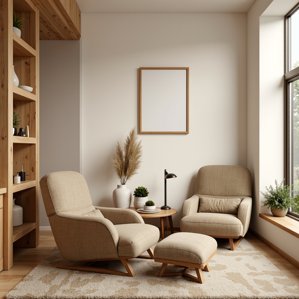 Prompt: Cozy upholstery, soft velvety fabrics, plush cushions, warm beige tones, natural wood accents, ergonomic chair designs, minimalist coffee tables, ambient floor lamps, creamy white walls, calming atmosphere, shallow depth of field, 1/1 composition, realistic textures, subtle shadows, inviting color palette.