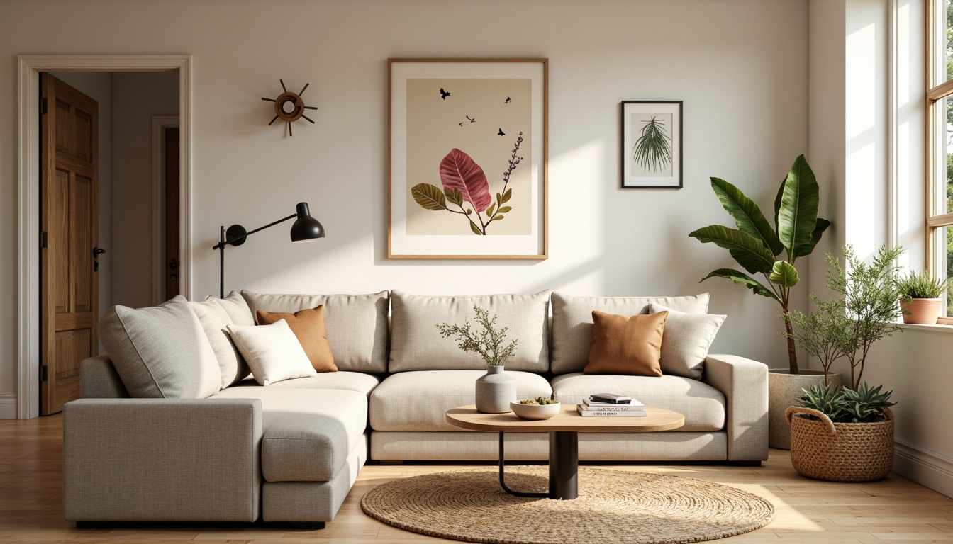 Prompt: Cozy Scandinavian family room, warm beige walls, light wood flooring, plush area rug, comfortable sectional sofa, natural linen upholstery, minimalist coffee table, industrial metal lamp, woven basket storage, greenery plants, nature-inspired artwork, neutral color palette, soft warm lighting, shallow depth of field, 1/1 composition, realistic textures, ambient occlusion.